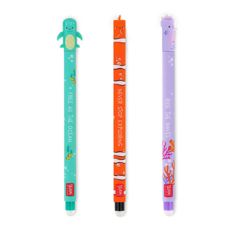 Set de 3 stylos à encre gel effaçable. Tortue, Poisson-clown et Hippocampe